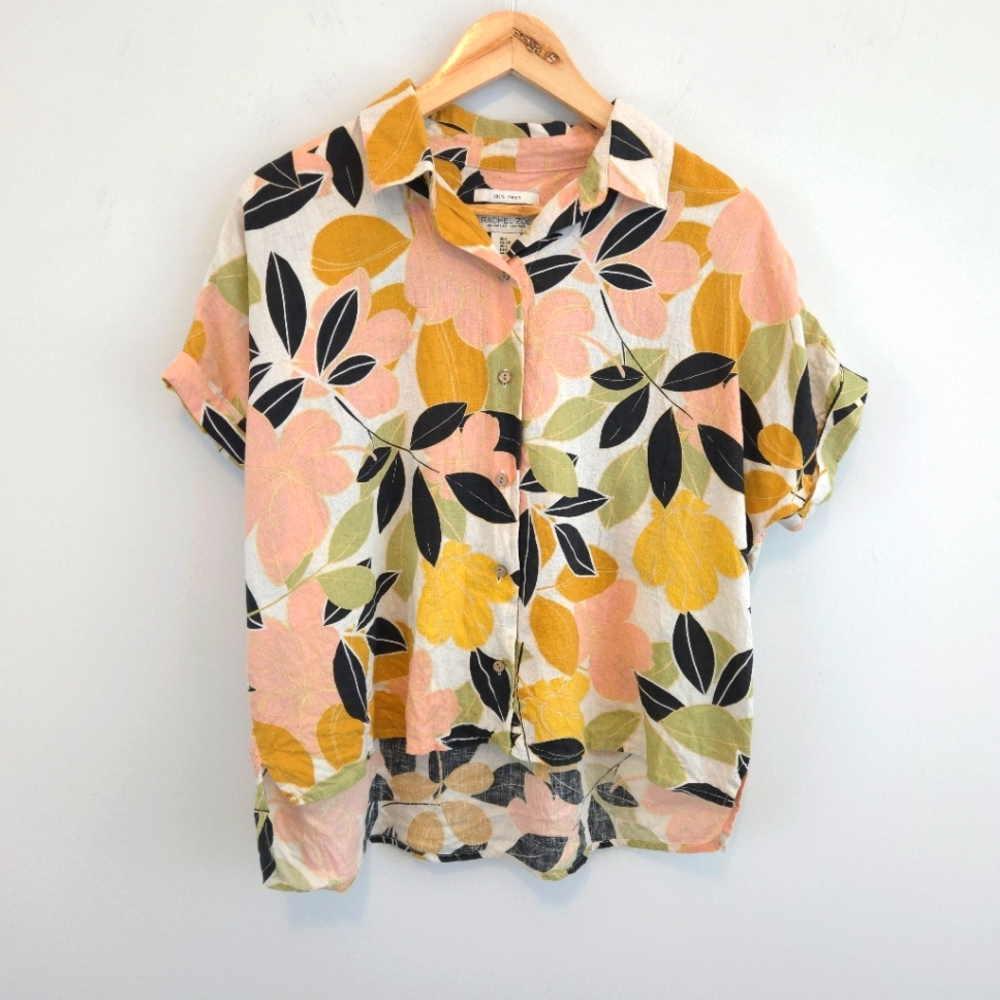 Rachel Zoe Women's 100% Linen Floral Tropical Print Top